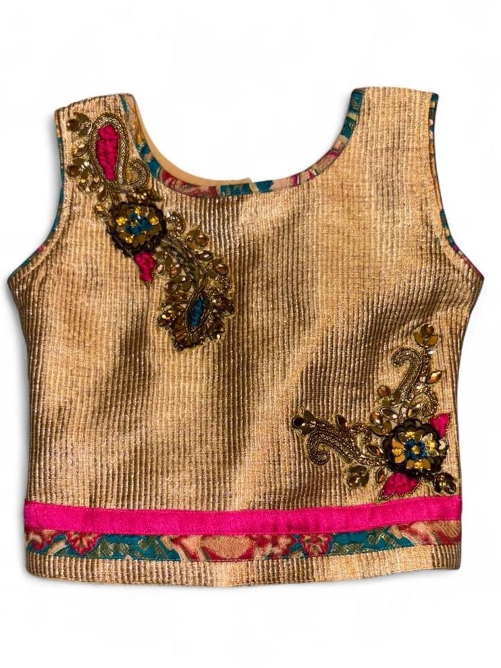 Girls  Gold Embellished Girls Crop Top with Pink Trim